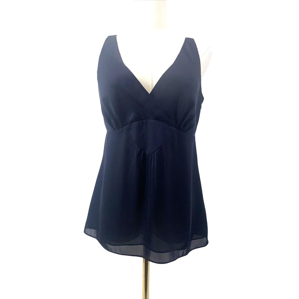 Loft Womens 4 Tank Blouse Sleeveless Blue Satin V Navy Neck Lined